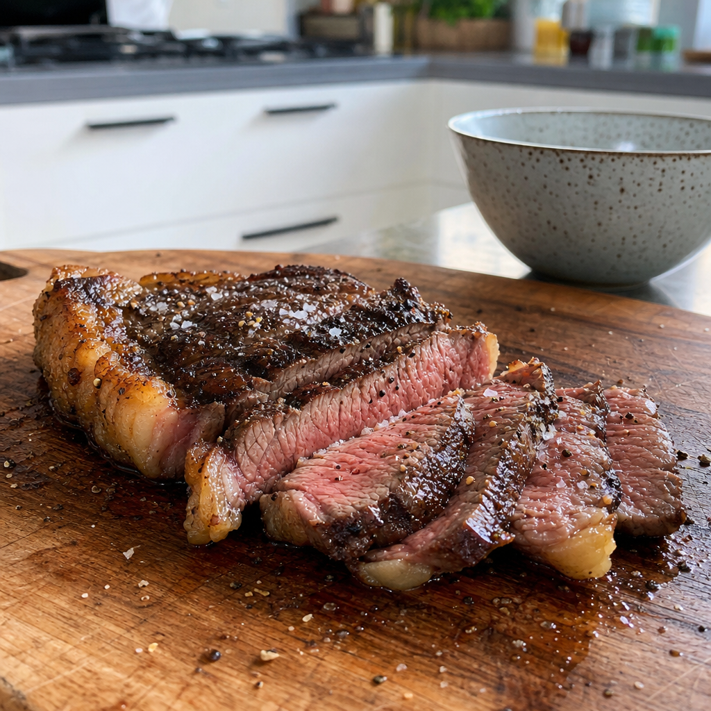 Gesneden Fat Angus entrecote met rosé kern en krokante vetrand op snijplank