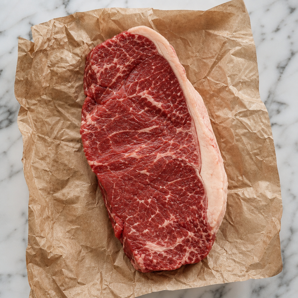 Rauwe Fat Angus entrecote met stevige vetrand op bruin papier
