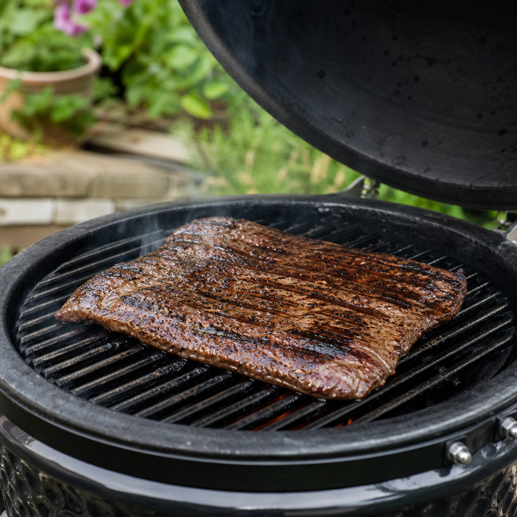 Heel stuk Angus flat iron op de BBQ, gegrild met grillstrepen