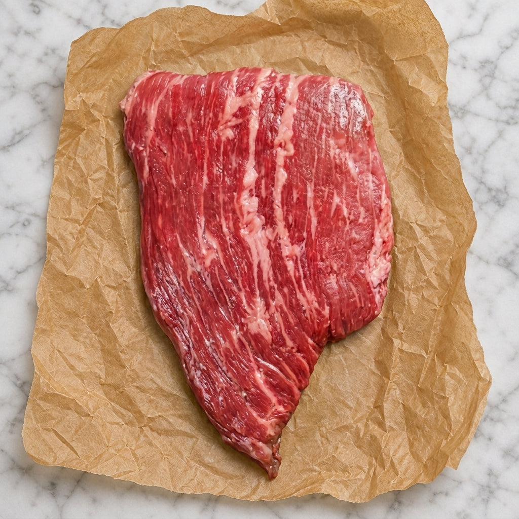 Heel stuk Angus flat iron met fijne marmering op bruin papier
