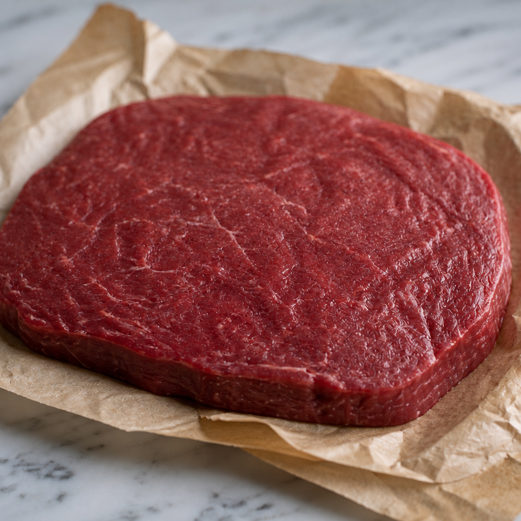 Rauwe flat iron steak van Fat Angus op bruin papier, van schuin boven