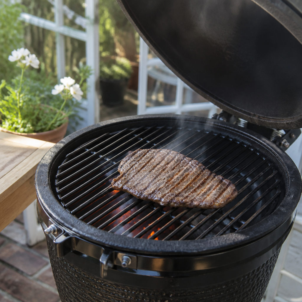 Flat iron steak van Fat Angus op een open barbecue, van schuin boven