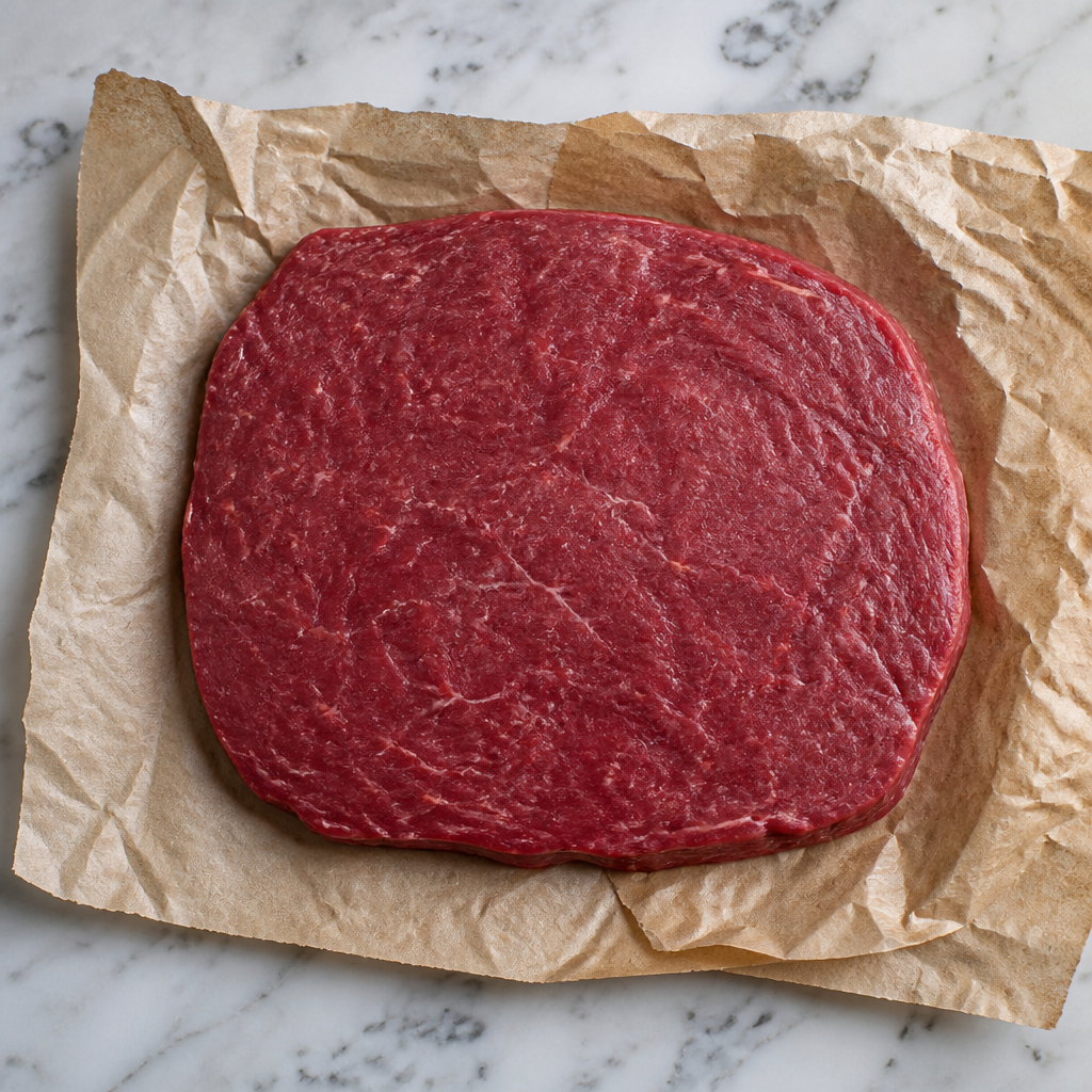 Rauwe Fat Angus flat iron steak op bruin papier, van boven gefotografeerd