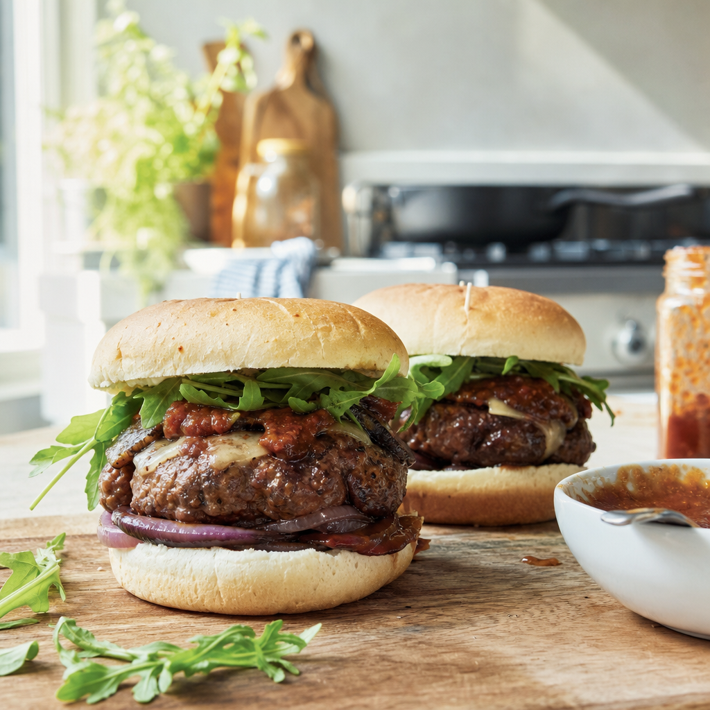 Twee Angus gehaktburgers op zachte broodjes met rucola en saus op een houten plank
