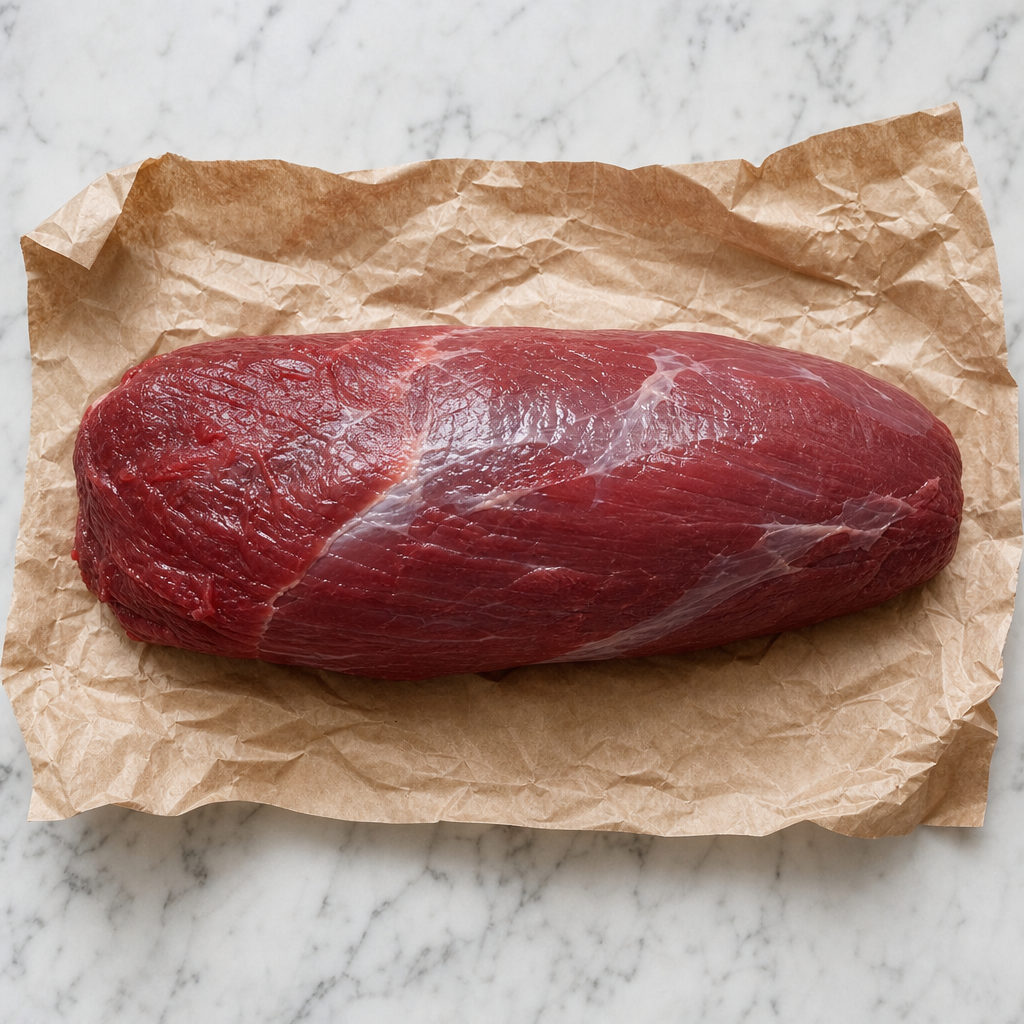 Hele kogel van rundvlees op bruin papier, klaar om in steaks te snijden