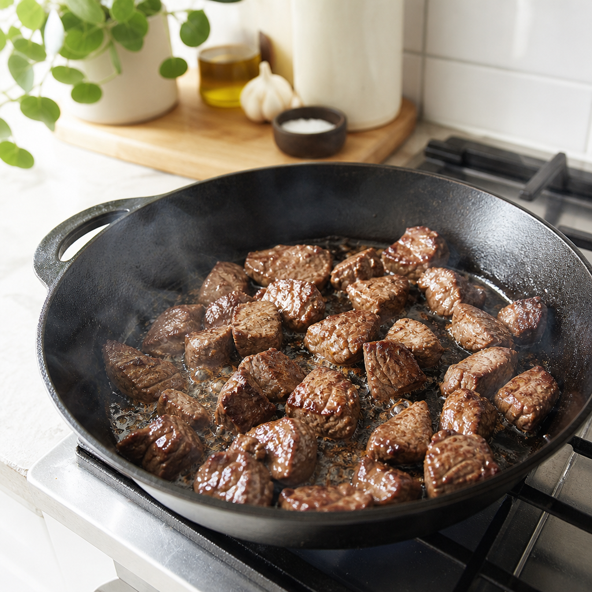 Rauwe ossenhaaspuntjes van Angus rund, kort gebakken in een hete pan
