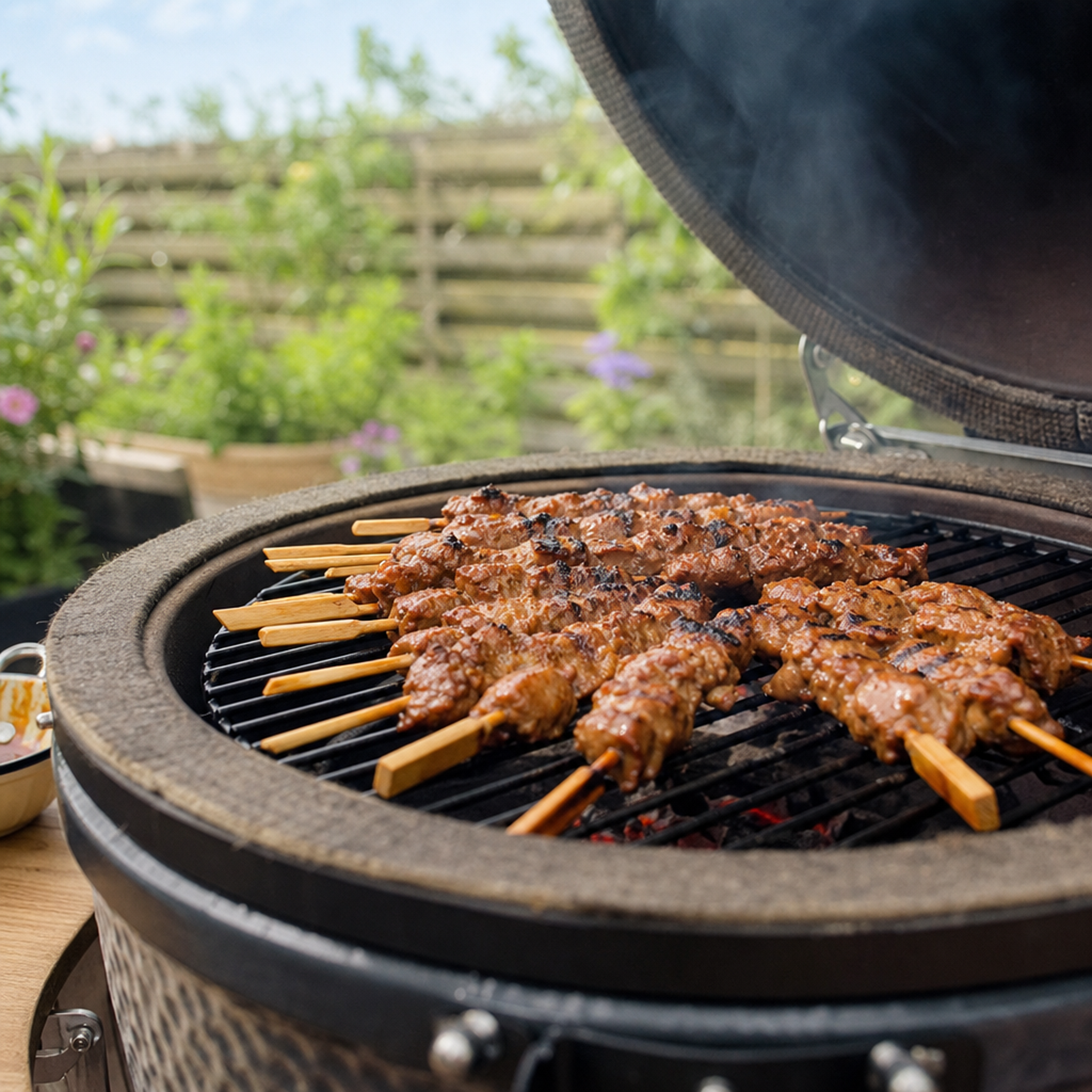 Angus ossenhaas spies met rub op de barbecue, licht gegrild en dicht op elkaar op het rooster
