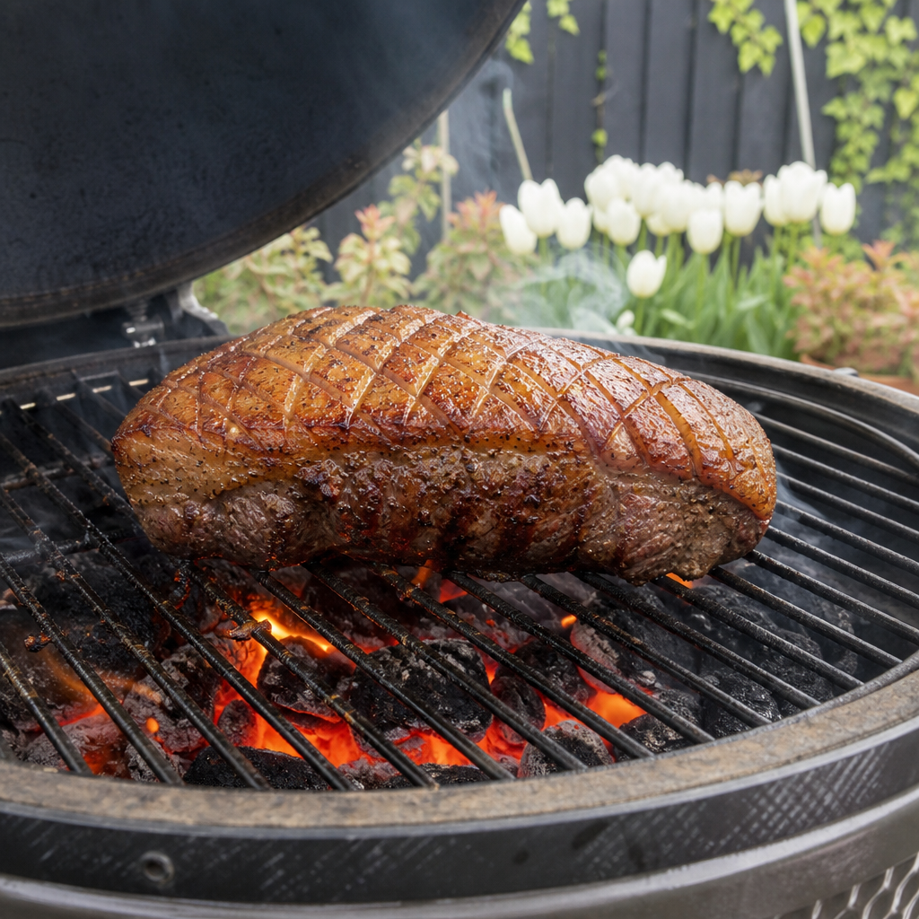 Heel stuk picanha met vetkap op de barbecue, boven hete kolen