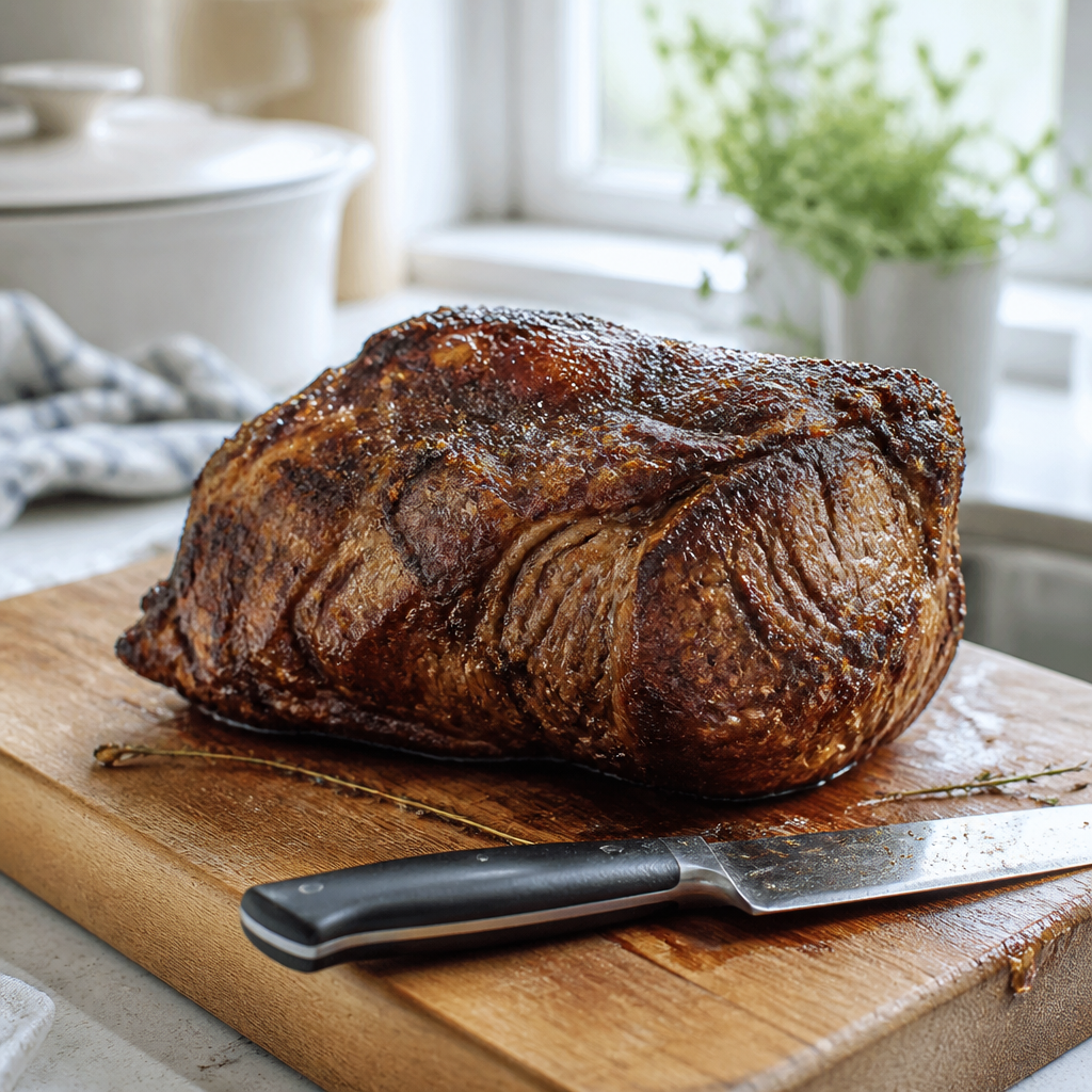 Geroosterde hele Angus rib-eye met bruine korst op snijplank naast mes