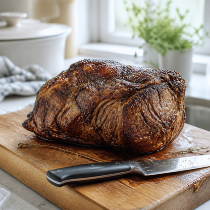 Geroosterde hele Angus rib-eye met bruine korst op snijplank naast mes