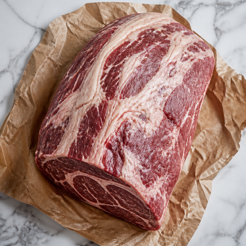 Hele Angus rib-eye met fijne vetdooradering op bruin papier