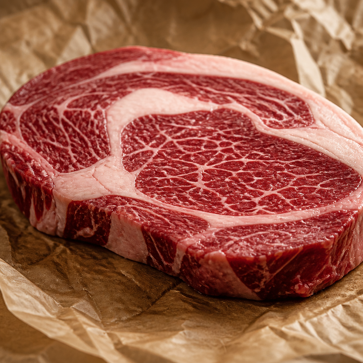 Rauwe Fat Angus rib-eye steak met marmering op bakpapier