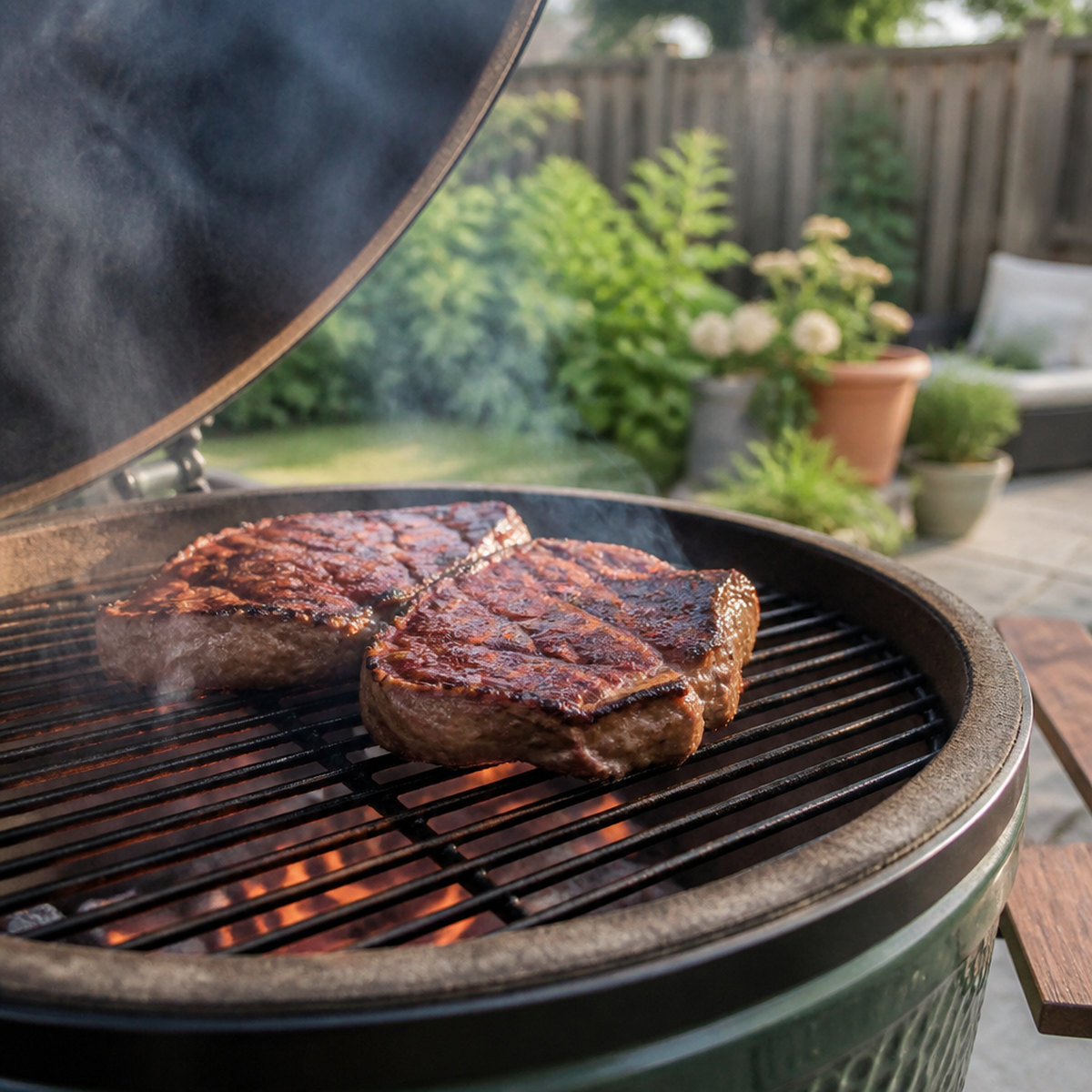 Twee gegrilde rib-eye steaks op de barbecue met mooie korst en rook