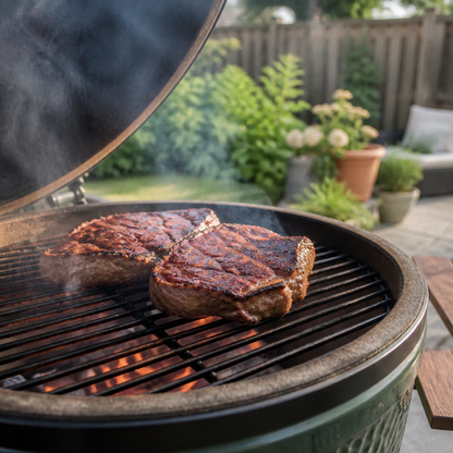 Twee gegrilde rib-eye steaks op de barbecue met mooie korst en rook