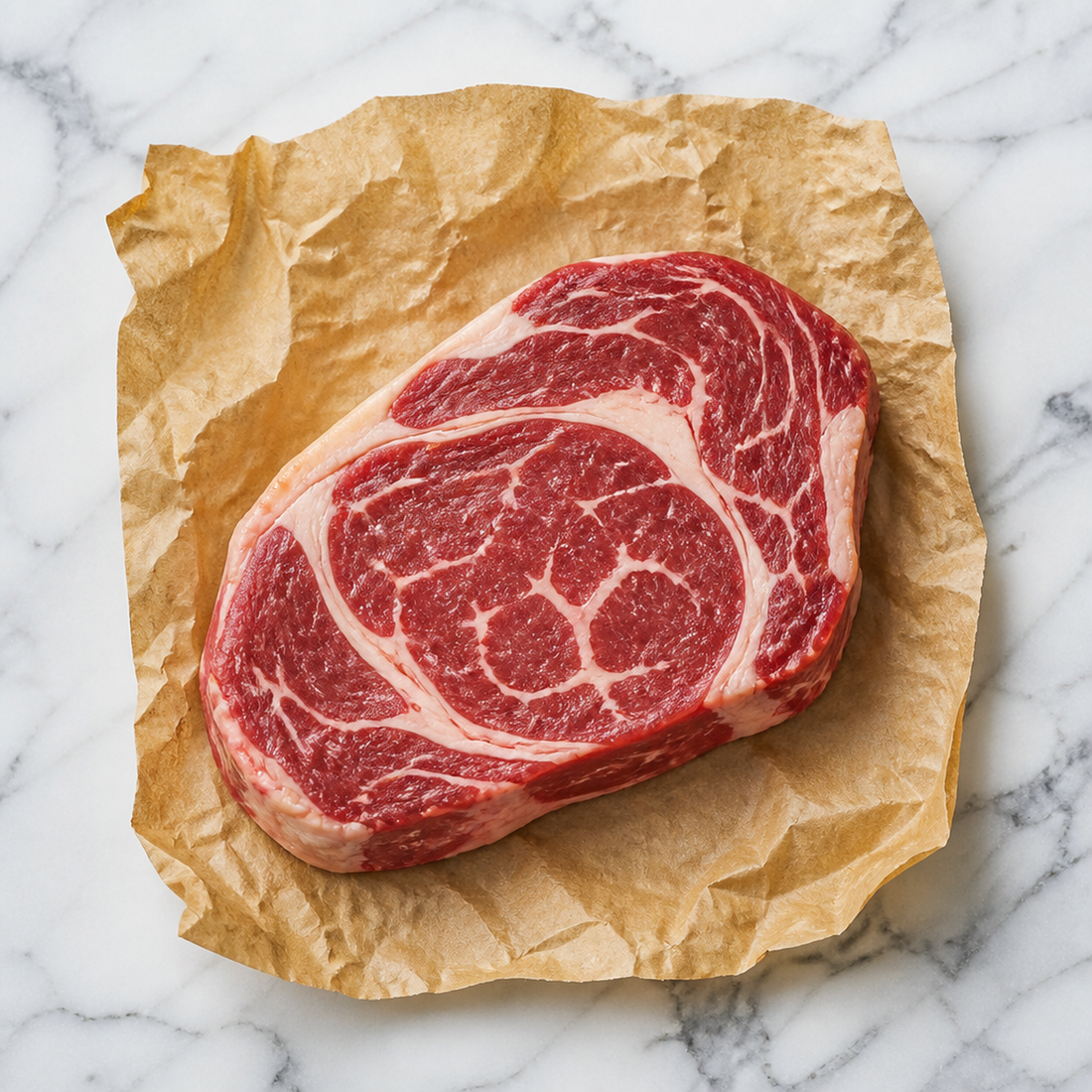 Rauwe Angus rib-eye steak met marmering op bakpapier