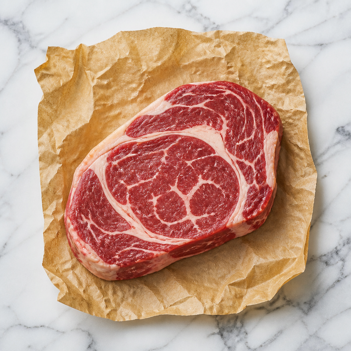 Rauwe Angus rib-eye steak met marmering op bakpapier