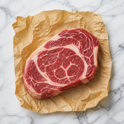 Rauwe Angus rib-eye steak met marmering op bakpapier