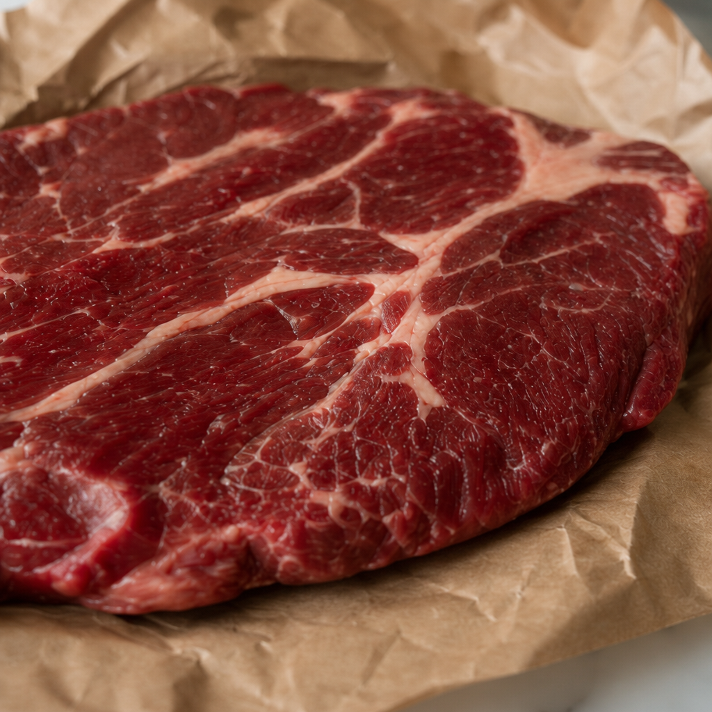 Ruwe Fat Angus riblap met mooie vetdooradering op bruin papier, close-up