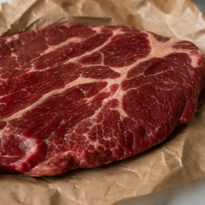 Ruwe Fat Angus riblap met mooie vetdooradering op bruin papier, close-up