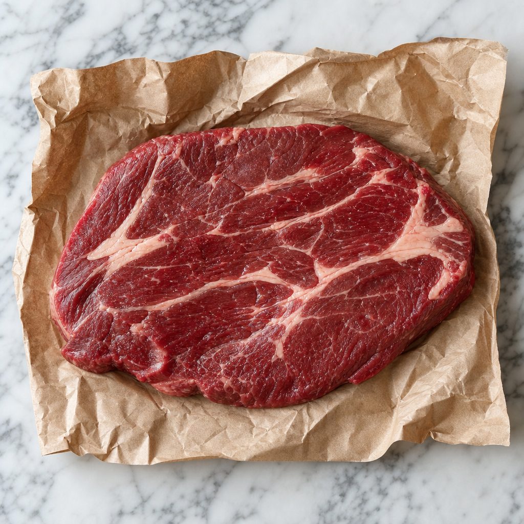 Ruwe Fat Angus riblap met zichtbare vetdooradering op papier, bovenaanzicht