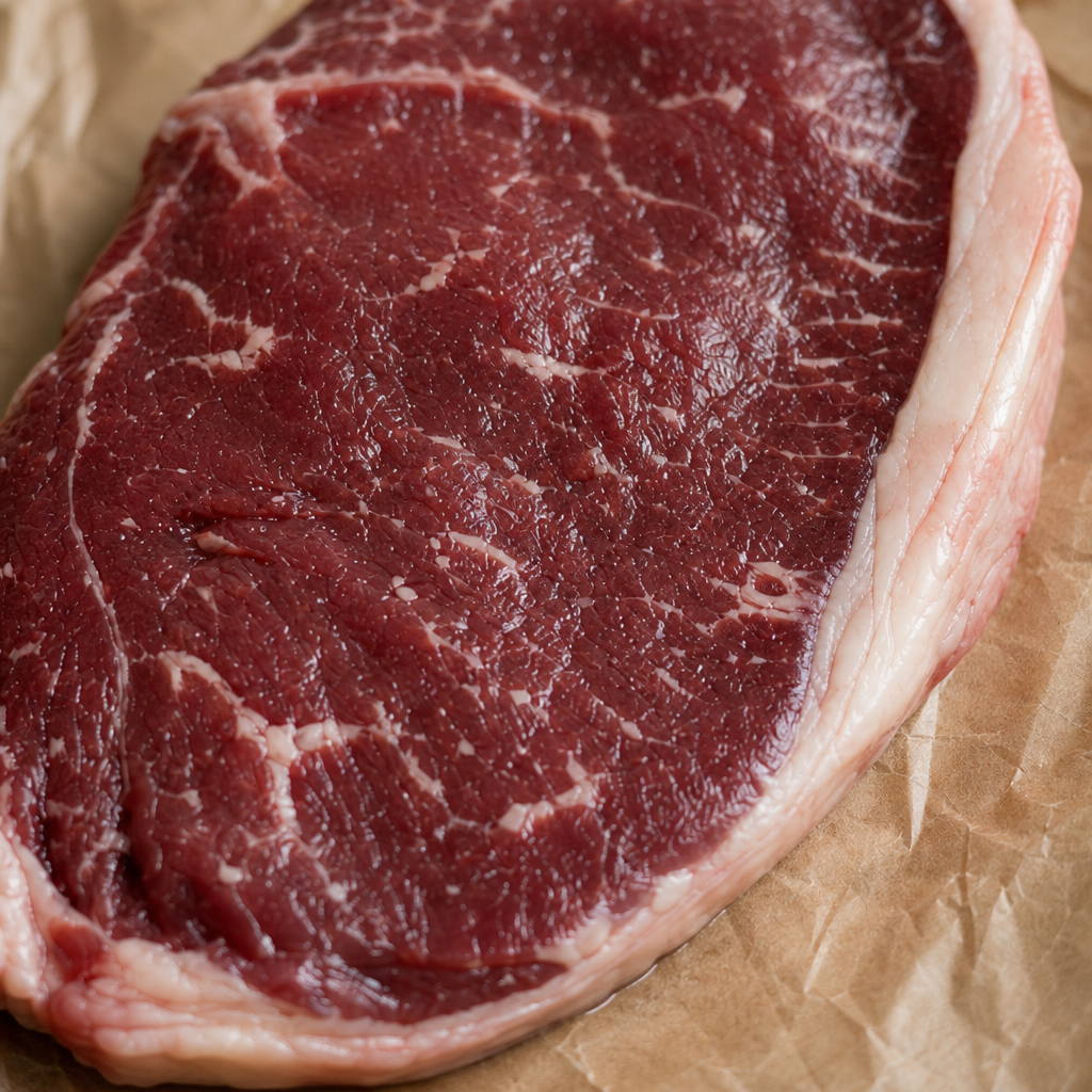Rauwe Fat Angus rump steak op bruin papier, close-up