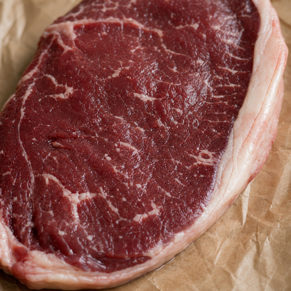 Rauwe Fat Angus rump steak op bruin papier, close-up