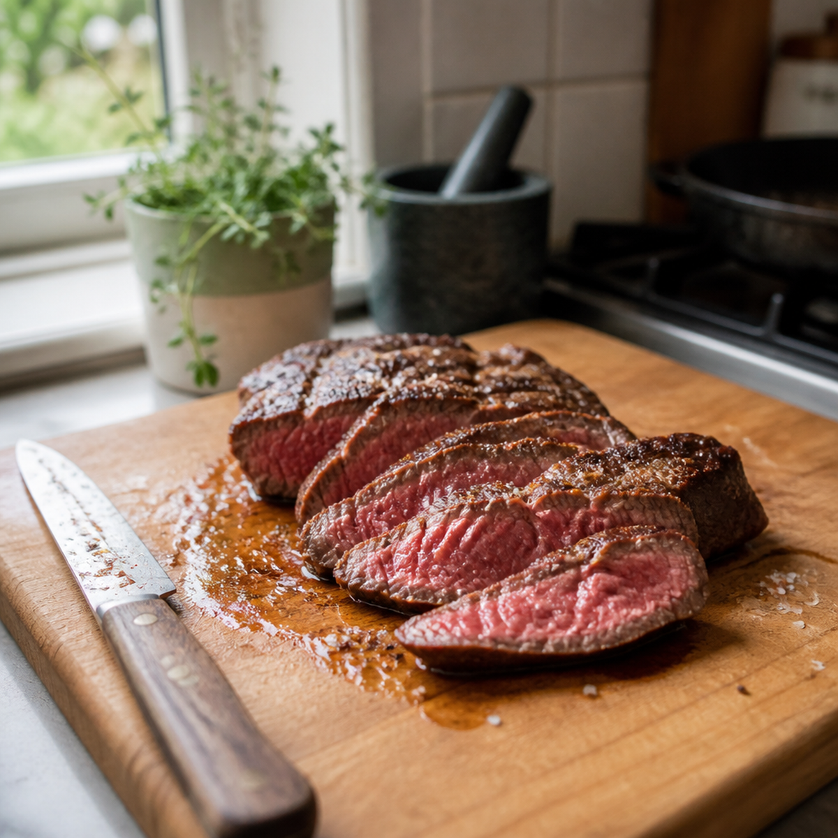 Gesneden Fat Angus rump steak op houten snijplank, medium rare met vleessappen