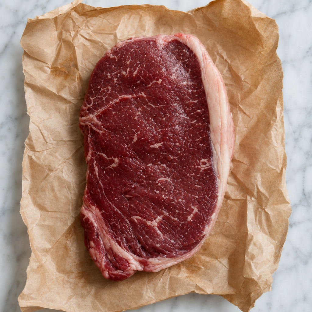 Rauwe Fat Angus rump steak op bakpapier, bovenaanzicht