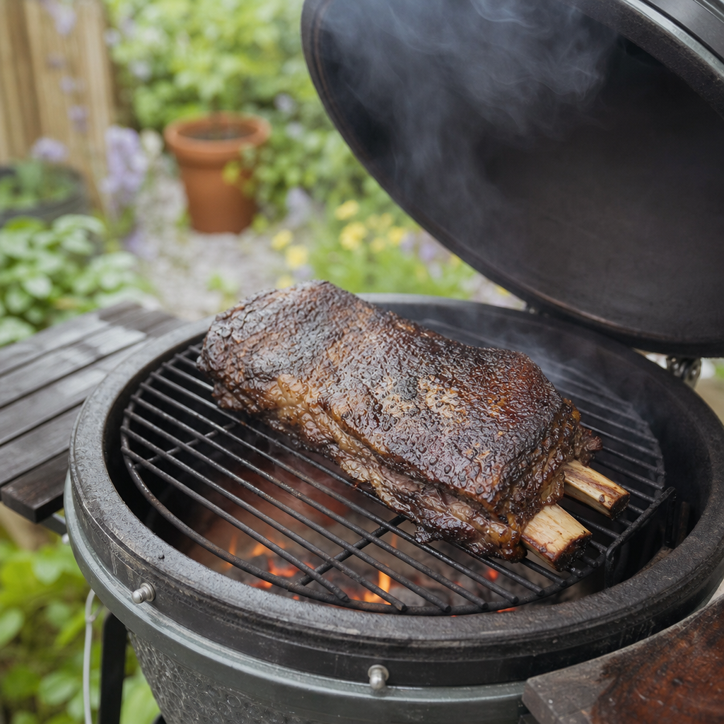 Gegaarde short rib met bot op de BBQ-rooster, met rookslierten en glanzende korst