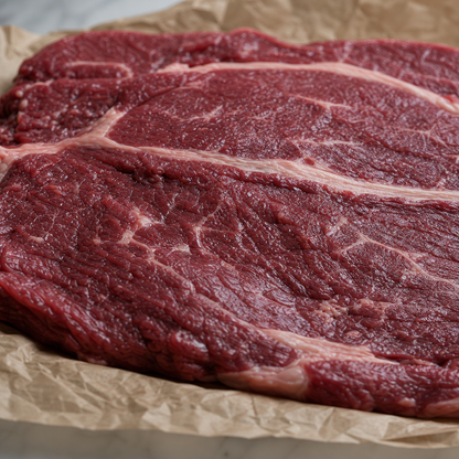 Rauwe sucadelap van Fat Angus met zichtbare vetnerven op bruin papier