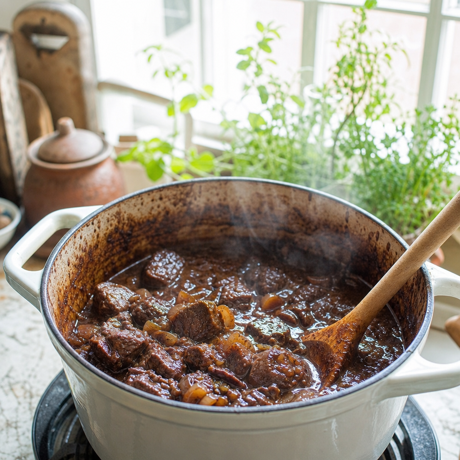 Ragout van Fat Angus sucadelap met ui in een stoofpan, met houten lepel