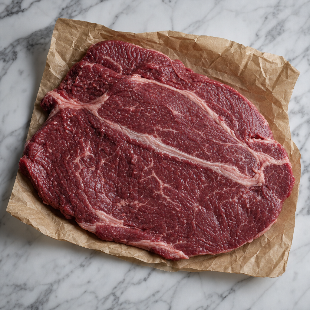 Rauwe Fat Angus sucadelap op bruin papier, van boven gefotografeerd