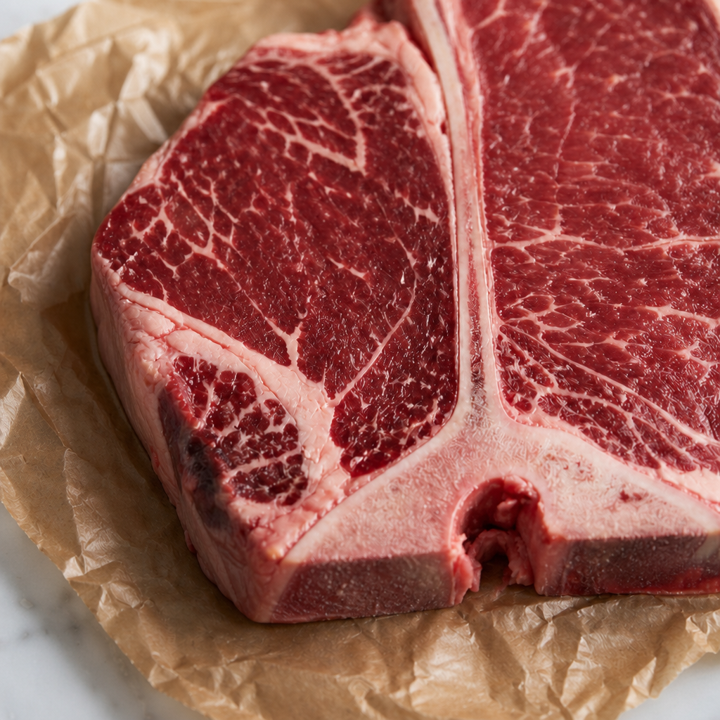 Rauwe Fat Angus T-bone steak met zichtbare marmering en T-vormig bot op bakpapier