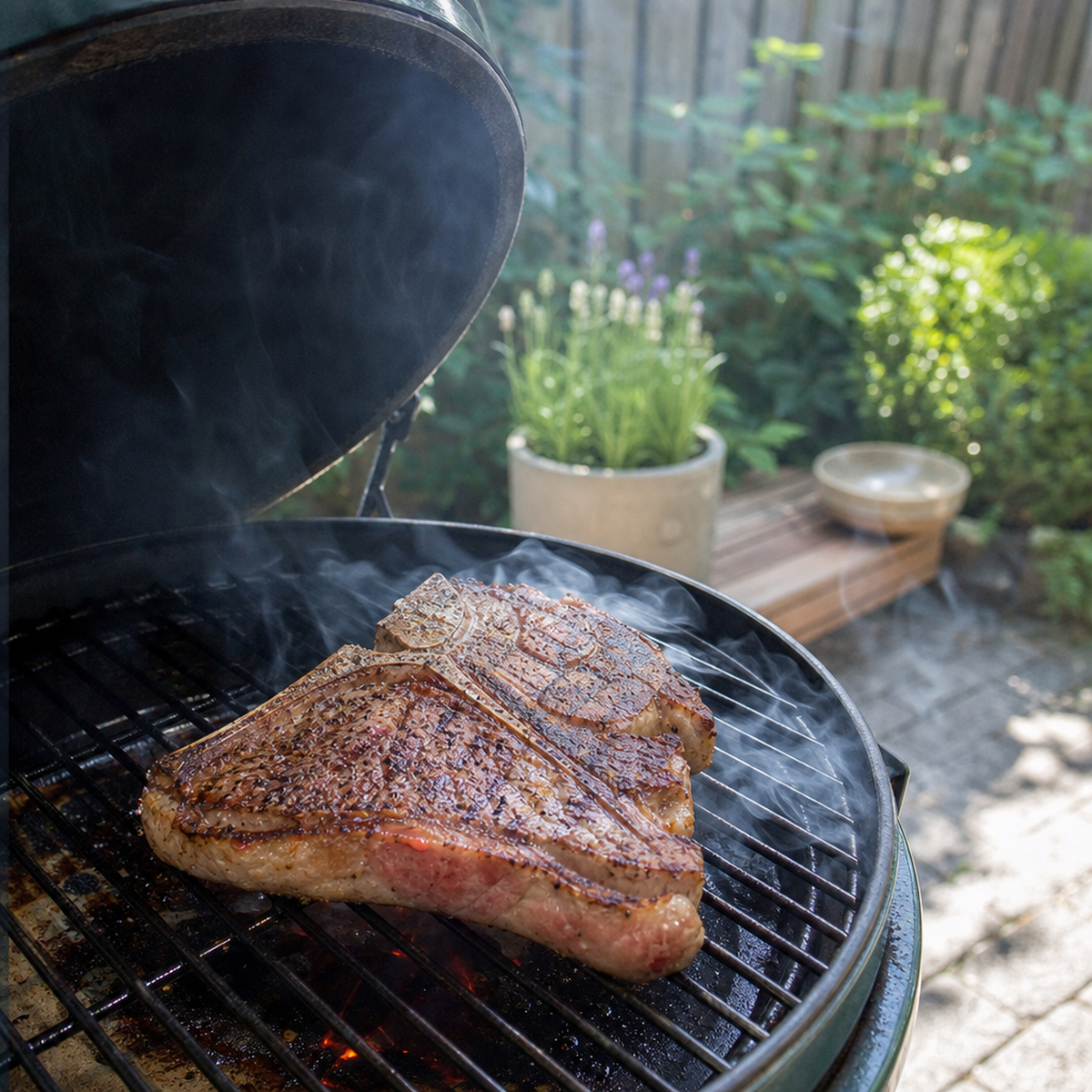 Rauwe T-bone steak met grillstrepen op de barbecue, buiten in de rook