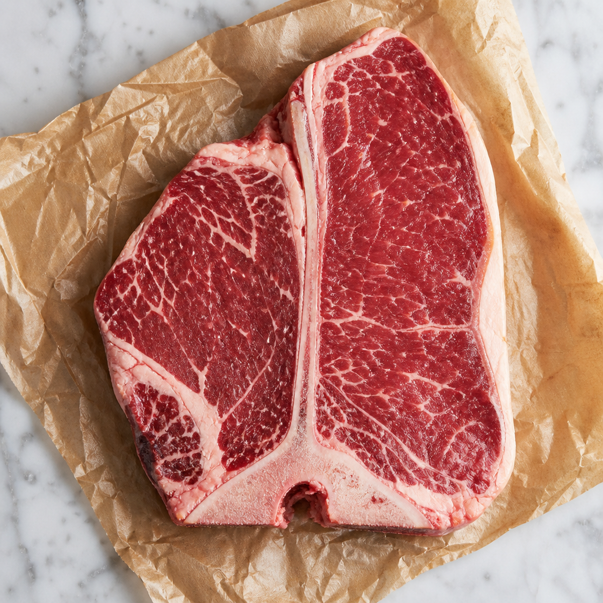 Rauwe T-bone steak van Angus op bakpapier met zichtbaar T-vormig bot en marmering