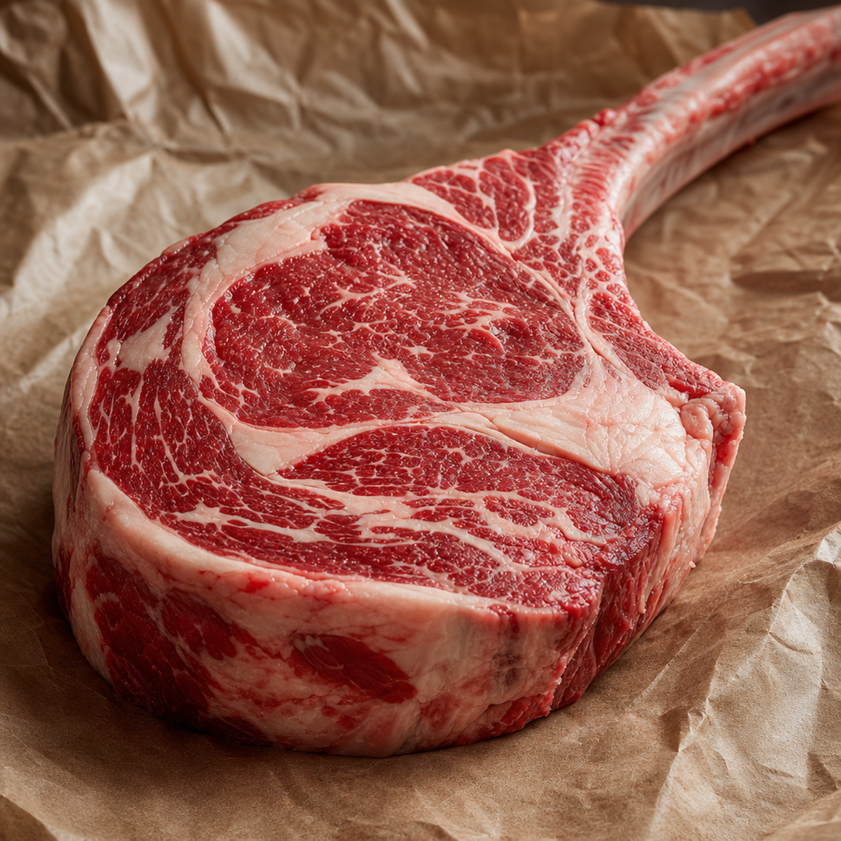 Rauwe Fat Angus tomahawk op bruin papier, met lang bot en mooie marmering