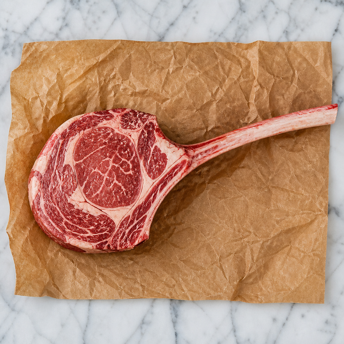 Rauwe Fat Angus tomahawk met lang bot op bruin papier