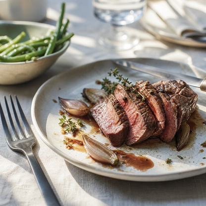 Gesneden tournedos van rund met sjalotten en saus op een bord