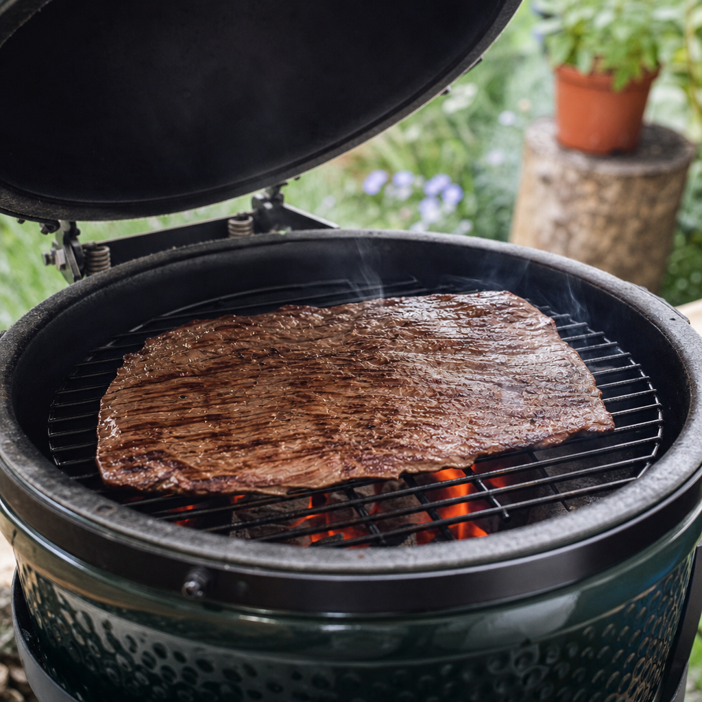 Hele flat iron van Schots rund op de BBQ, kort gegrild boven de kolen