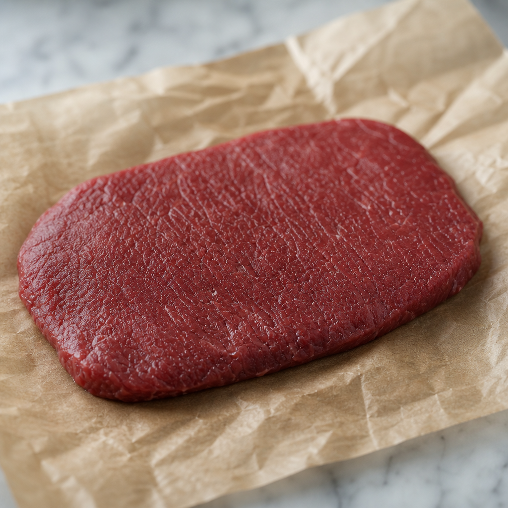 Rauwe flat iron steak uit Schotland, schuin van boven op bruin papier