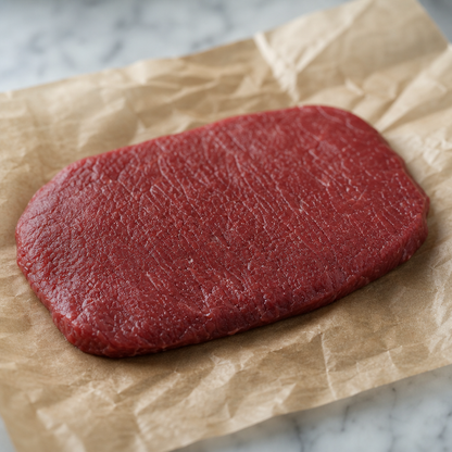 Rauwe flat iron steak uit Schotland, schuin van boven op bruin papier