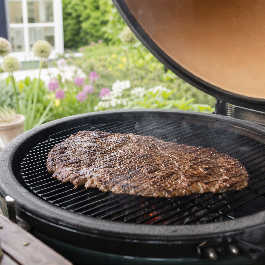 Gegrilde flat iron steak op de BBQ, van boven gezien