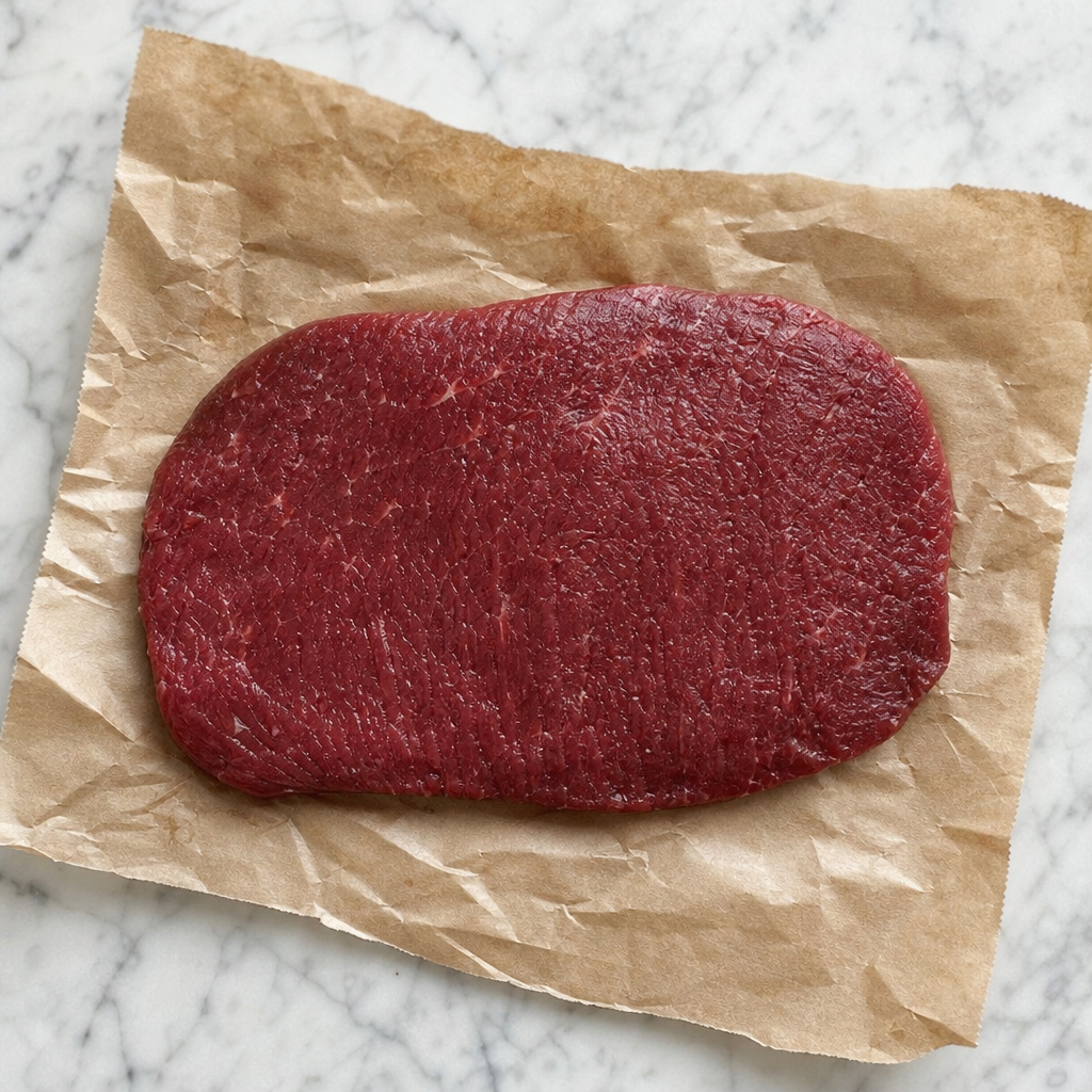 Rauwe flat iron steak uit Schotland op bruin papier, van boven gezien