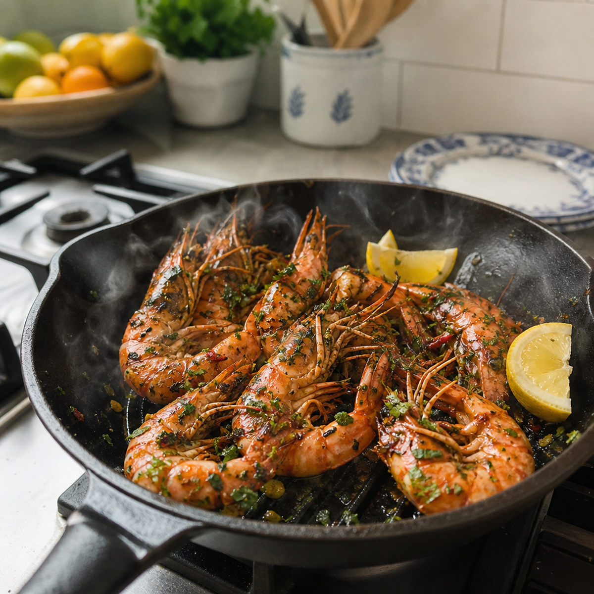 Gamba’s met kop in een hete koekenpan met citroen en kruiden