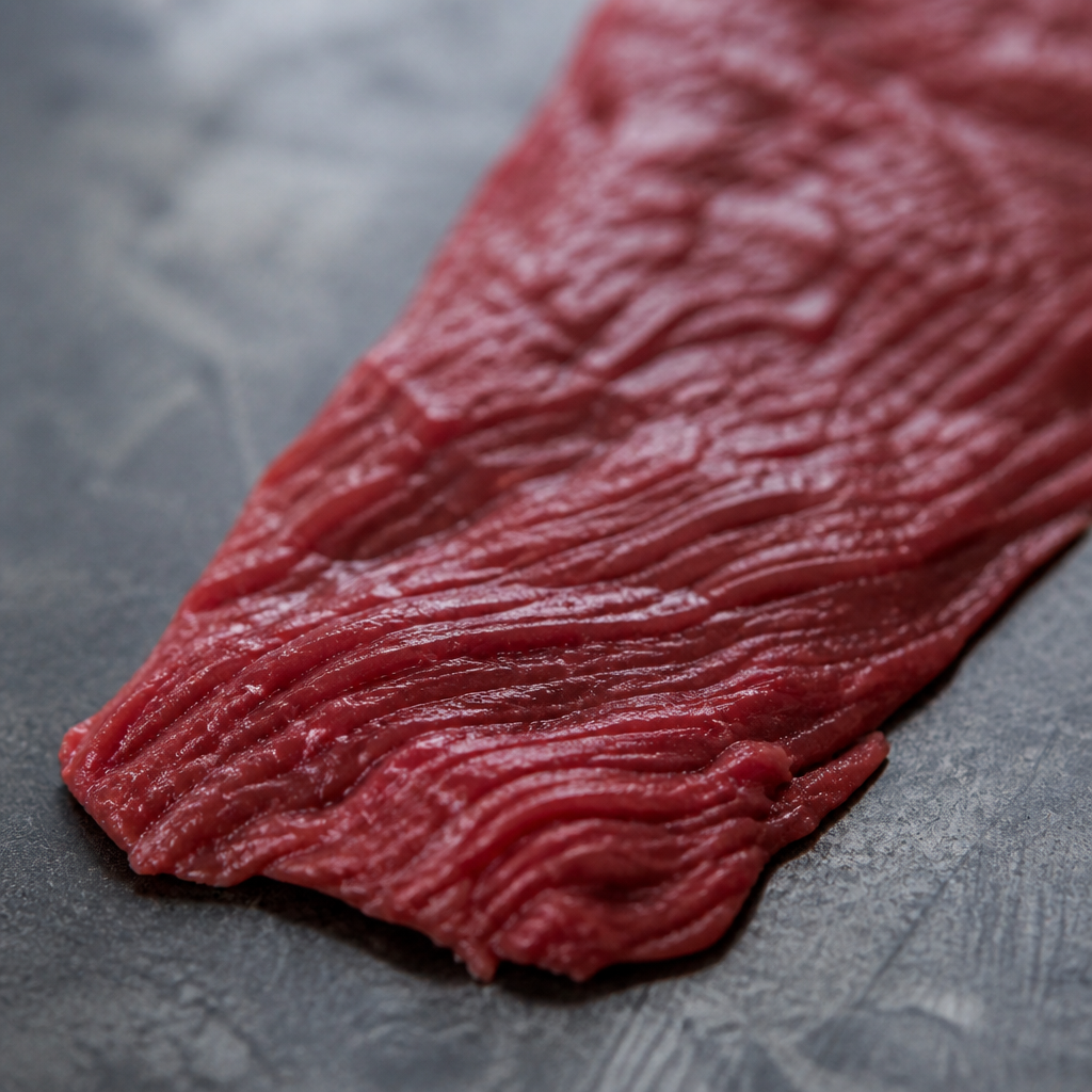 Rauwe graangevoerde bavette steak op donkere ondergrond, met duidelijke vleesstructuur en brede punt
