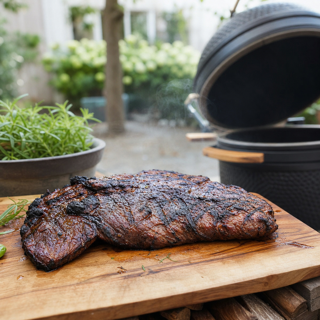 Gegrilde graangevoerde bavet steak op houten plank, met grillstrepen en een opengesneden punt