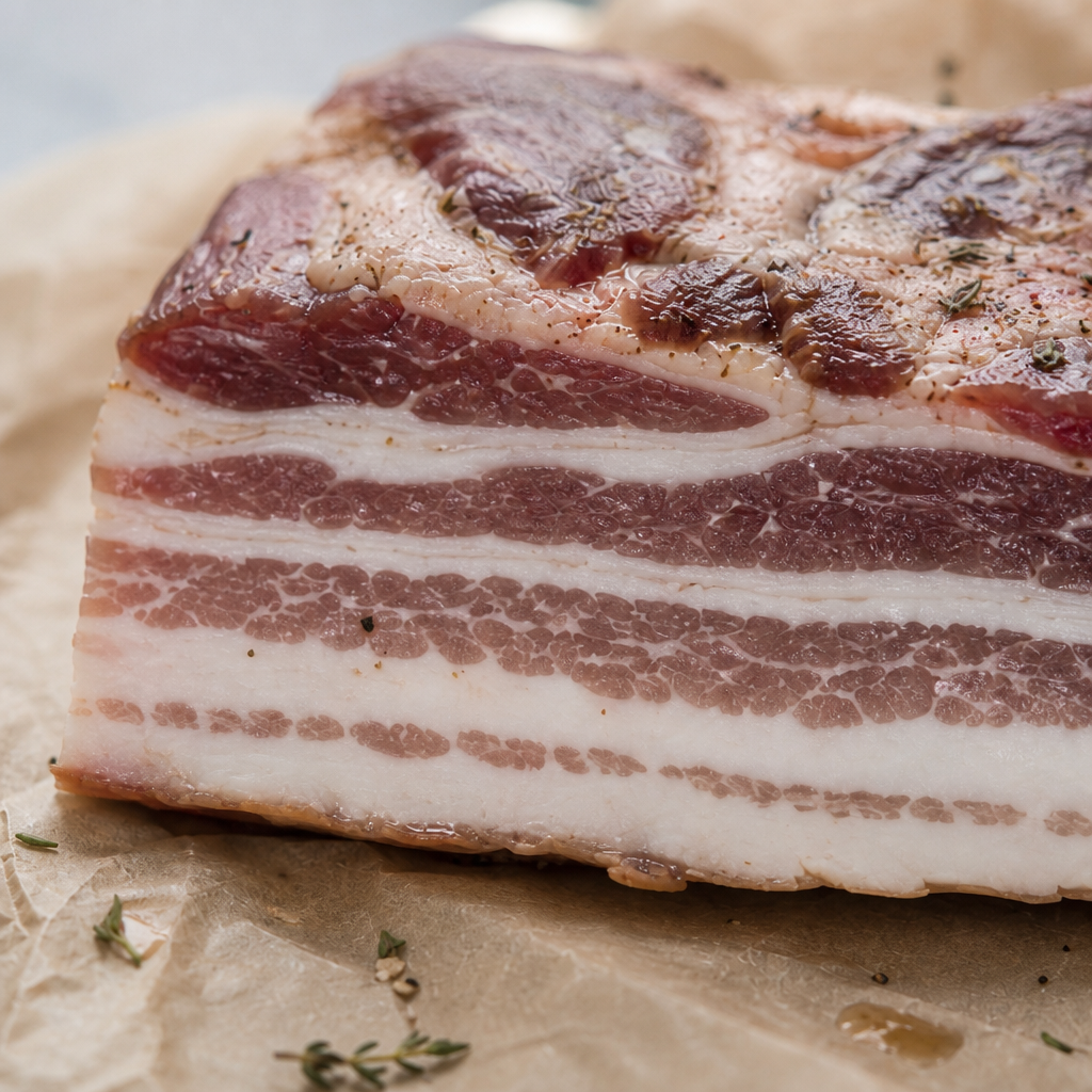Rauw Iberico buikspek zonder been in close-up, met stevige vetlagen en peperkorrels op bakpapier