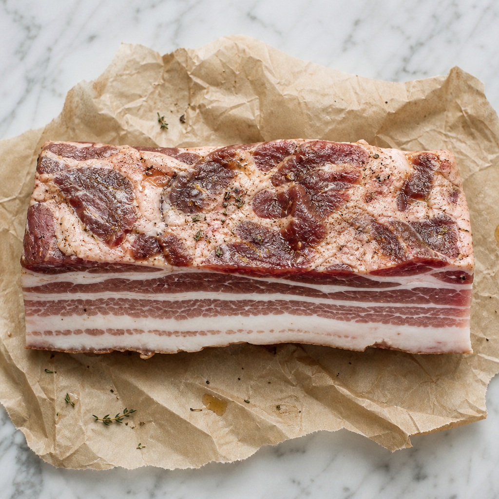 Rauw Iberico buikspek zonder been met vetlaag, op bakpapier en van boven gezien