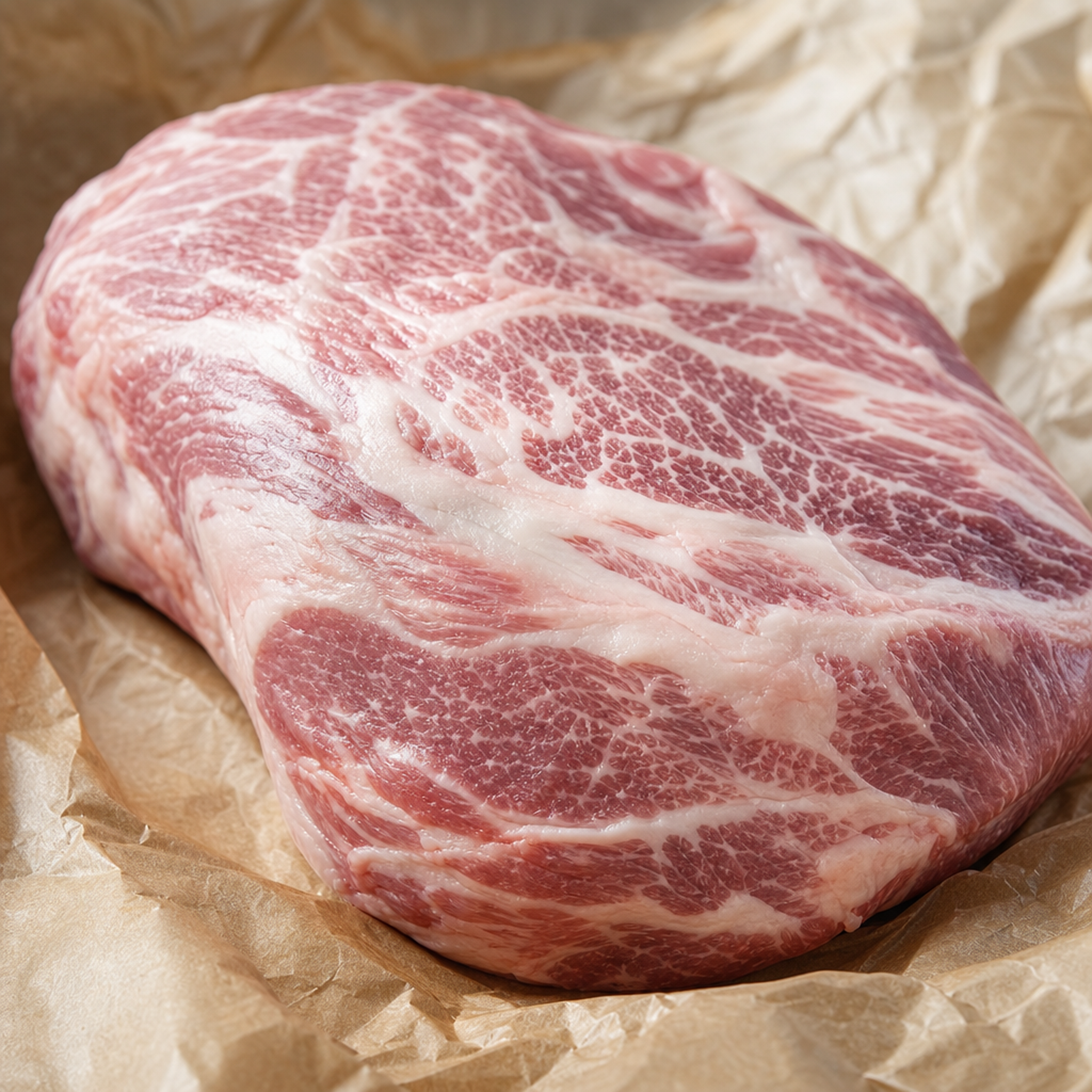 Doorregen Iberico nek zonder been op bruin papier, schuin van voren