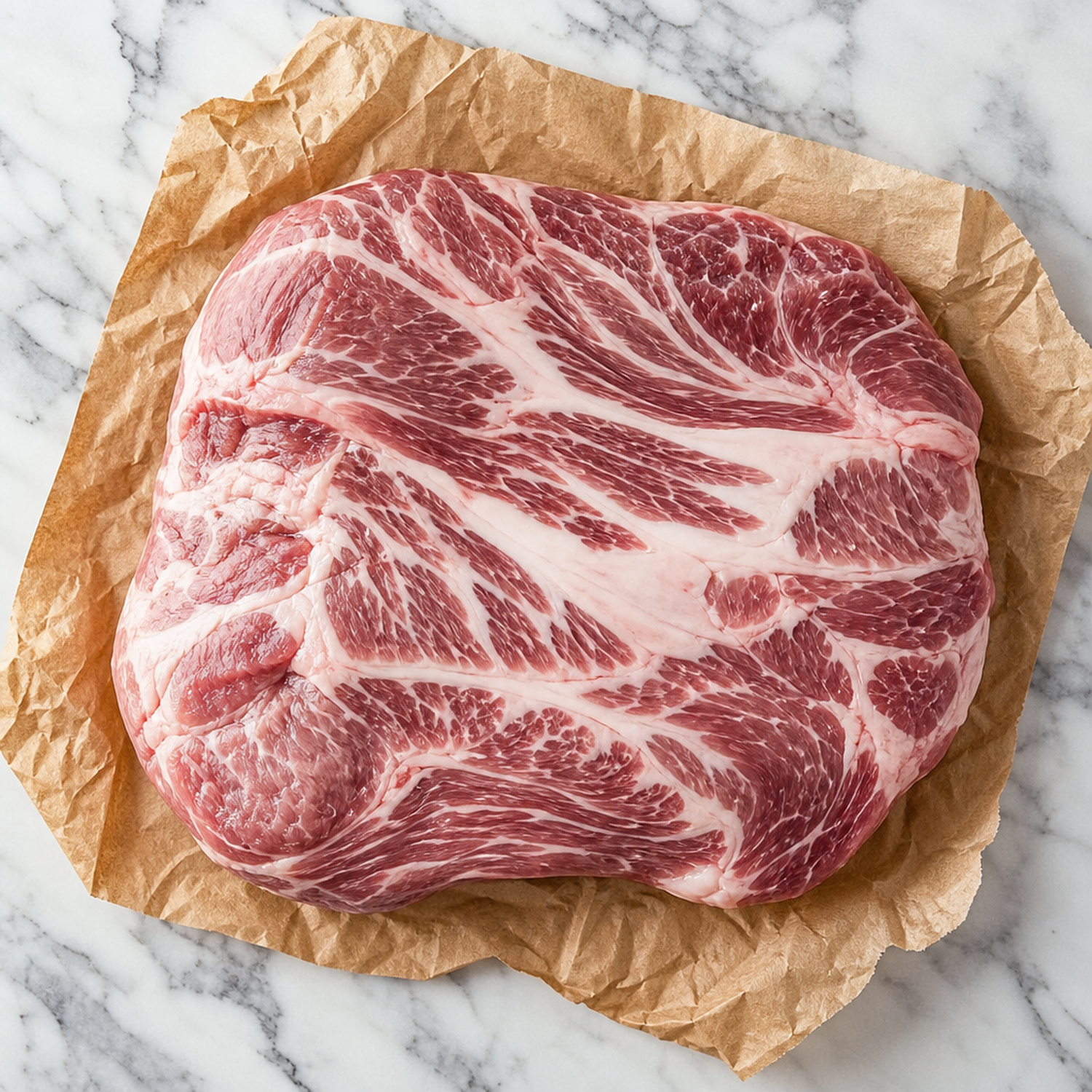Doorregen Iberico nek zonder been op bruin papier, bovenaanzicht